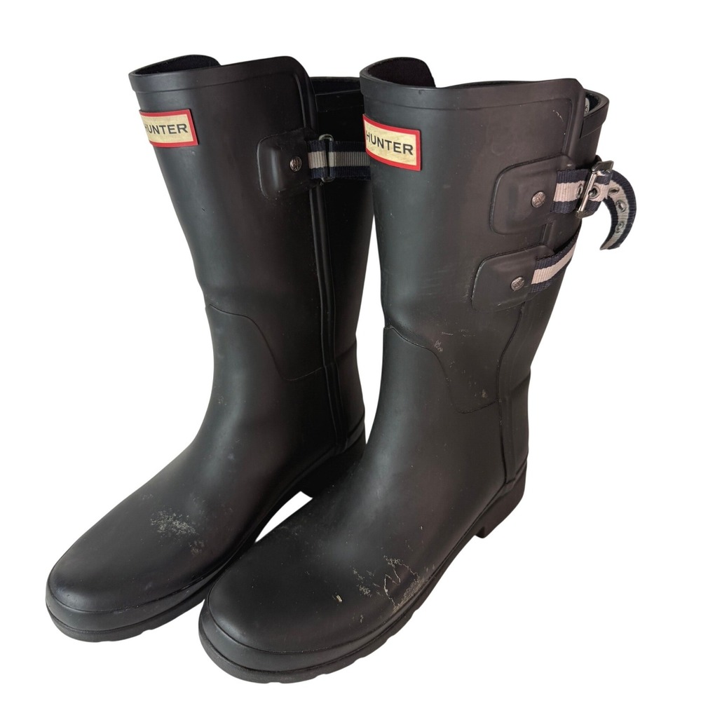 Hunter Refined Back Strap Rain Boots Matte Black Rubber Womens 7 EU 38